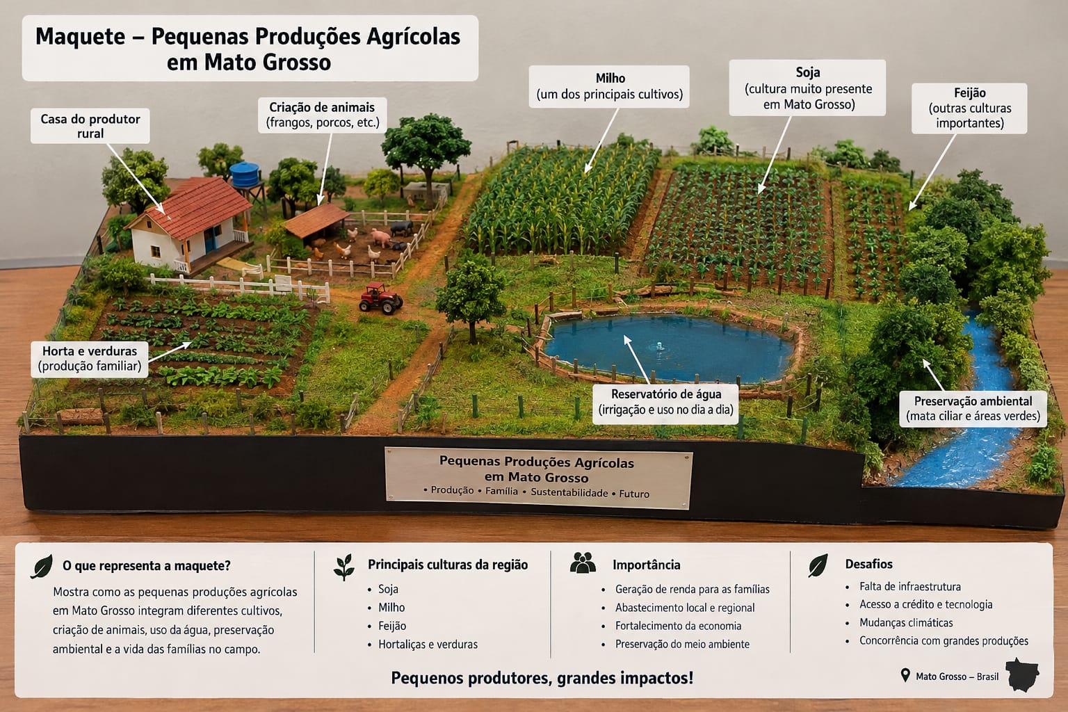 Maquete física de uma propriedade rural com casa, curral, painéis solares, fruteiras, lago, rio e árvores